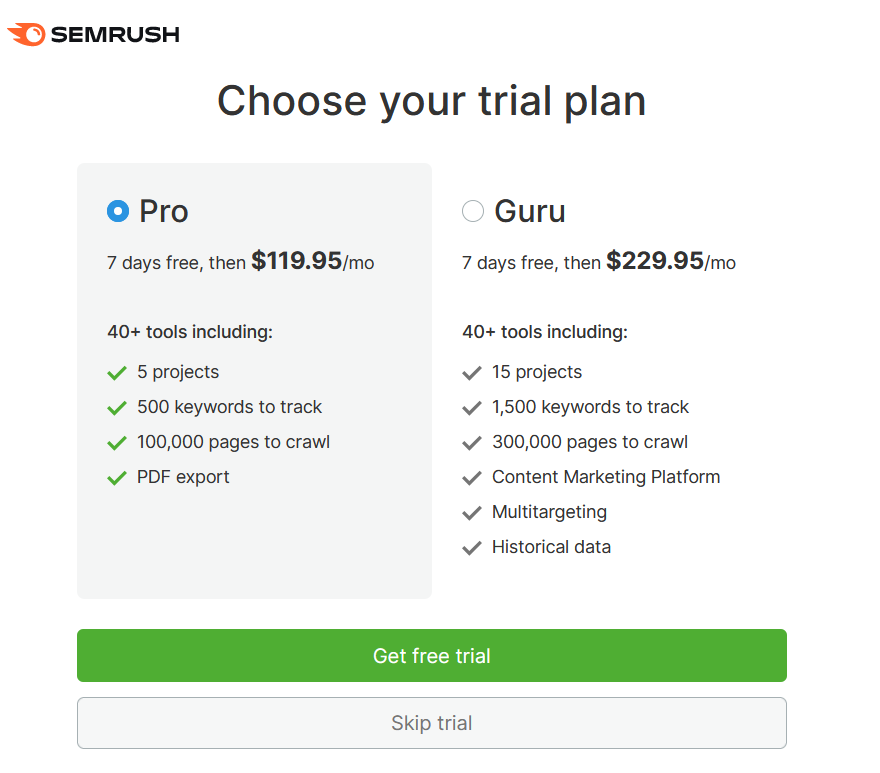 semrush free option